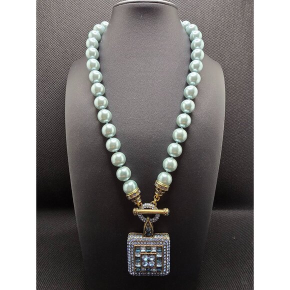Heidi Daus Pearl Necklace Rhinestone Square Pendant Pale Aqua Blue - Picture 12 of 12